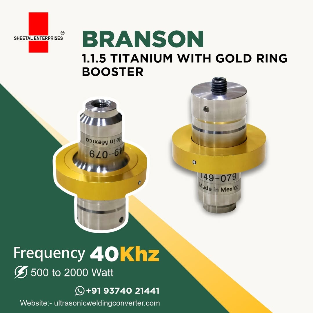 Branson 1:1.5 titanium ultrasonic booster with gold ring 40kHz for ultrasonic welding